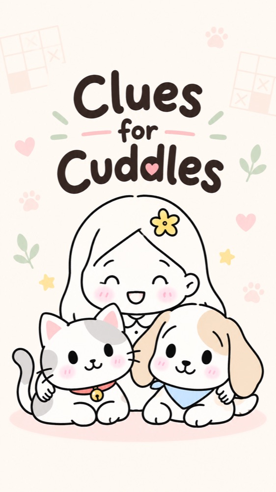 Clues for Cuddles artwork: a girl cuddling a cat and a dog.